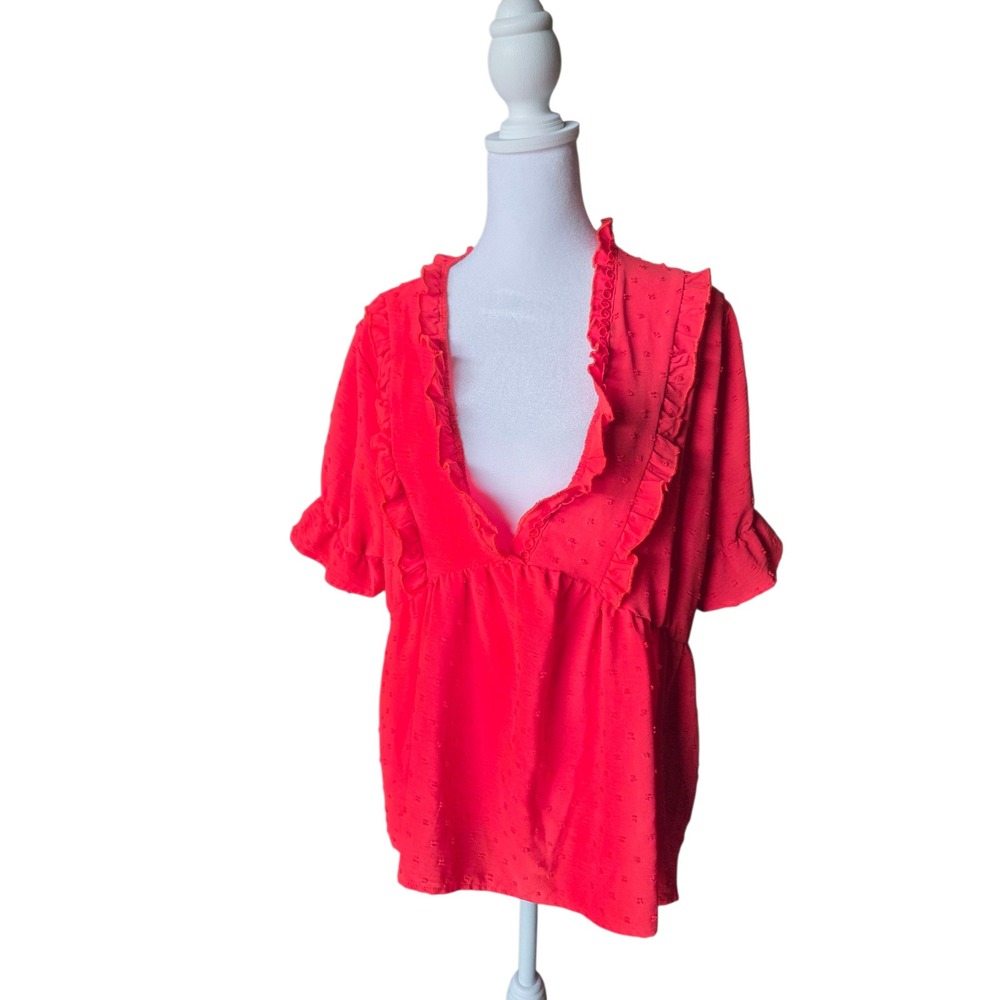 Universal Thread Red Clip Dot Ruffle V-Neck Babydoll Blouse Top Large C1PHUSVVL